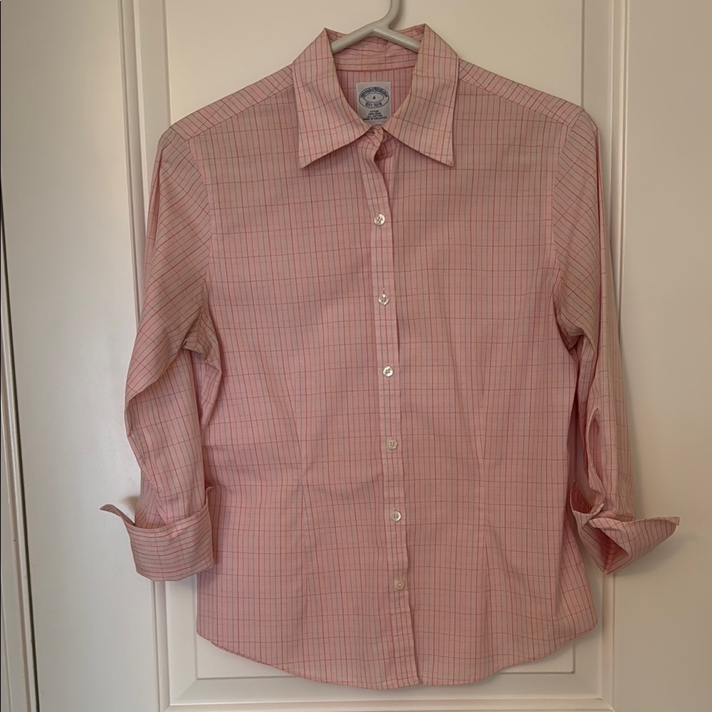Brooks Brothers Pink Check Button-Down Dress Shirt 3/4 Sleeve No Iron